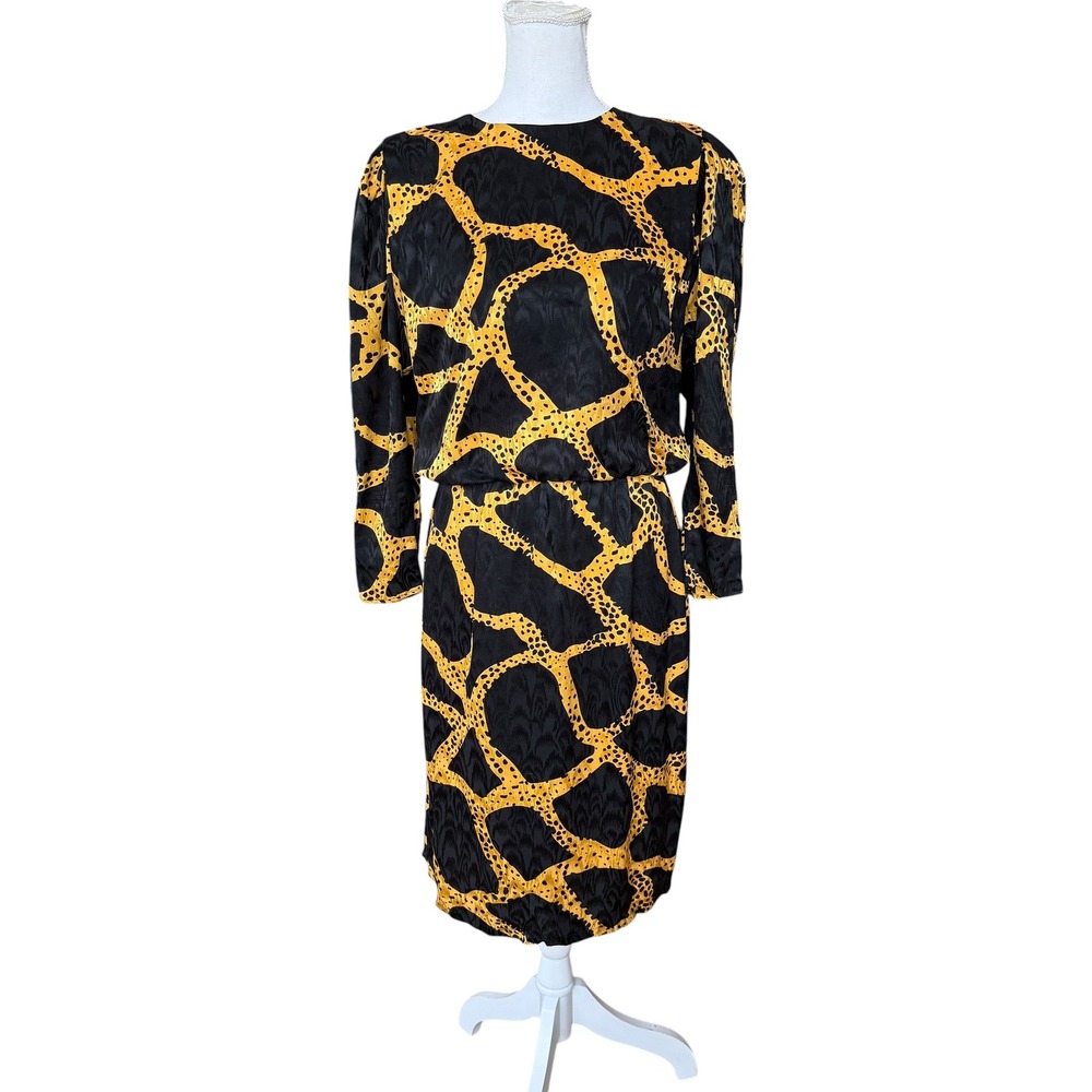 Saint Romei Vintage 100% Silk Giraffe Print Midi Dress Yellow Black Womens 10